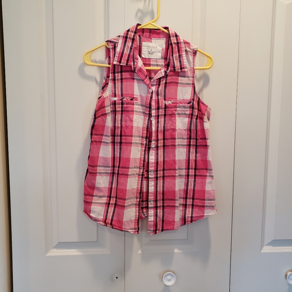 Sonoma Life & Style Top Pink Plaid Sleeveless Button Down Shirt Size S